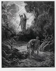 Adam and Eve banished from the Garden of Eden by an angel, Illustration from the Dore Bible