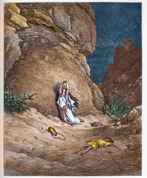 Hagar and her son Ishmael in the desert after being expelled by Abraham - Hagar and son Ishmael in the desert after being expelled by Abraham - engraving in “The Illustrated Bible” by Gustave Doré (1832-1883) - engraving