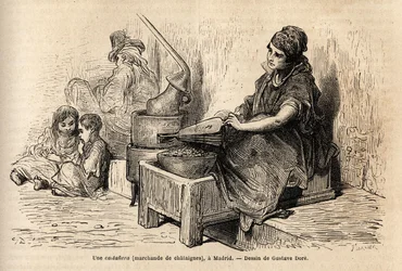 An open-air chestnut merchant, with her portable oven, sketch on the vivid in the Puerta del Sol, in Madrid. Engraving by Gustave Dore (1832-1883) to illustrate his trip to Spain, with Ch. Davillier (editor), in 1862, published in 