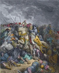 Battle of Arsur - Richard I Lion Heart, King of England participating in the 3rd Crusade - Richard the Lionheart in the Battle of Arsuf, Third Crusade, engraving by Gustave Dore - from History of the Crusades by Joseph-Francois Michaud