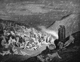 Dante Alighieri Inferno, first part of his Divine Comedy 1863. Canto XIV: Third compartment of the seventh circle where three kinds of violence punished: against God, against Nature and against Art.