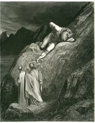 Dante and Virgil meet the Minotaur. Engraving from The Hell by Dante Alighieri (the Divine Comedy) illustrated by Gustave Dore. French edition of 1861. "E in su la punta della rotta lacca/L