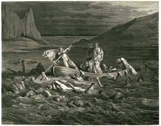 Dante and Virgil sail, led by the Nocher Phlegyas, on the Styx in which damns are wading, who try to climb into the boat. Engraving from The Hell by Dante Alighieri (the Divine Comedie) illustrated by Gustave Dore. French edition of 1861.