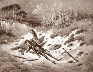 Don Quixote After His Beating, Quixote Calls for His Ideal Lady Dulcinea del Toboso (Engraving by Gustave Dore for 