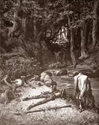 Don Quixote and Sancho Panza Refresh Themselves at a Brook, Engraving by Gustave Dore for 