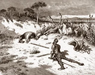 Don Quixote and Sancho Panza After the Brawl with the Guards and Criminals, Engraving by Gustave Dore for 