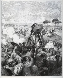 Don Quixote attacks a herd of sheep, believing he was dealing with the army of Alibanfaron of Taprobana - from 