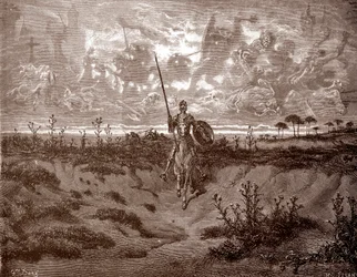 Don Quixote setting out on his adventures, Engraving by Gustave Dore