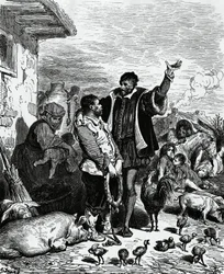 Don Quixote taking Sancho Panza from his home and pronouncing him governor, illustration by Gustave Dore for 1880 edition of Don Quixote by Miguel de Cervantes Saavedra