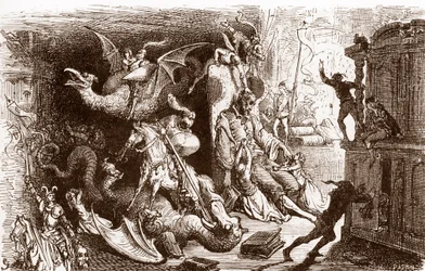 Don Quixote Thinks of Nothing but Knightly Deeds, Engraving by Gustave Dore for 