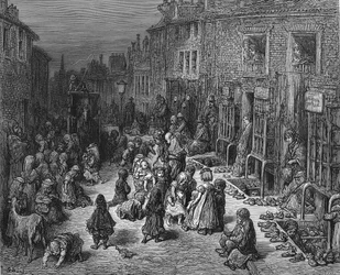 Dudley Street, Seven Dials: From Gustave Dore and Blanchard Jerrold London: A Pilgrimage London 1872. Unkempt, Dirty Children Play in the Street While Cab Tries to Drive Through Without Crushing Them