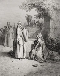 Eliezer and Rebekah, Genesis 24:15-21, Illustration from Dore