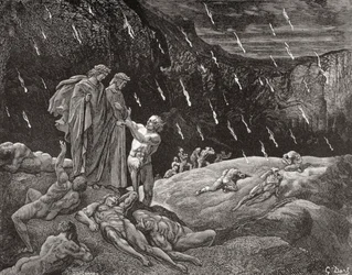 Engraving by Gustave Dore for Inferno by Dante Alighieri Canto XV lines 28 and 29