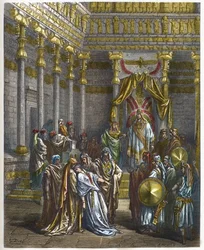 Esther faints before King Ahasuerus - engraving in The Bible illustree by Gustave Dore - Engraving from The Dore Bible