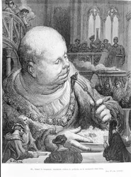 Extract from Gargantua (1534) by François Rabelais: And, pulling the bumblebee, together removed the pellerin and ate it very well. Engraving by Gustave Dore