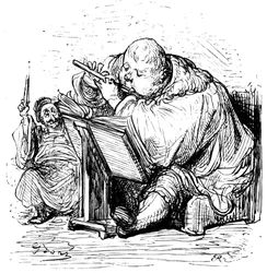 Gargantua Education: The Young Gentleman Learns to Play Flute with His Music Teacher. Engraving by Gustave Dore Illustrating the Work of Rabelais.