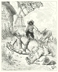 Don Quixote: "Sancho ran as fast as his ass could drive, to help his master"