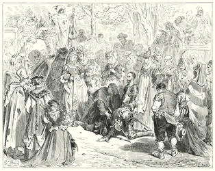 Don Quixote: "The poor virgin, trembling and dismayed without speaking a word, came to poor Basil" (engraving)