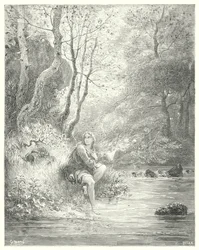 Don Quixote: "They spied a youth in a country habit, sitting at the foot of a rock behind an ash-tree" (engraving)
