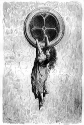 Illustration by Gustave Dore for the novel “Le Capitaine Fracasse” by Theophile Gautier (1811-1872). Agile as a cat and thin as a snake, the young Chiquita goes through a window to join Isabelle prisoner.