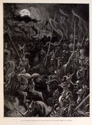 Illustration of Knights at Battle During a Moonlit Evening