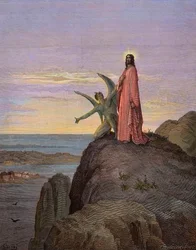 Jesus in the desert, subjected to the temptation of the devil - The temptation of Christ - Satan tempted Jesus - engraving by Gustave Dore - later colouring
