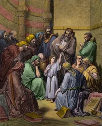 Jesus with the Doctors in the Temple - Jesus at the Temple among the Doctors - engraving by Gustave Dore - later colouring