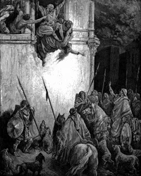 Jezebel, Phoenician Princess and Wife of King Ahab of Israel, Thrown Out of the Window on the Orders of Jehu, and Her Body Eaten by Dogs. 2 Kings 9:33. From Gustave Dore Illustrated Bible 1866. Wood Engraving