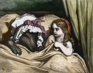 Little Red Riding Hood and Wolf dislike Grandma. Illustration by Gustave Dore