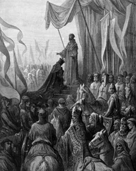 Louis VII (1120 - 1180) kneeling before St. Bernard of Clairvaux in Vezelay. Engraving by Gustave Doré. 19th century