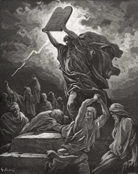 Moses Breaking the Tablets of the Law, Exodus 32:19, Illustration from Dore