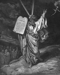 Moses descending from Mount Sinai with the tablets of the law (Ten Commandments). Exodus 5.35. Illustration by Gustave Dore for The Bible (London 1866). Wood engraving.
