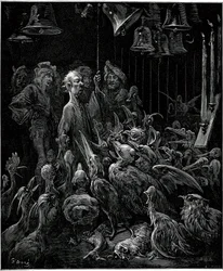 On Sonnante Island, Panurge makes birds sing by sounding the bells - illustration by Gustave Dore for complete works by Francois Rabelais - Fifth Book - Pantagruel