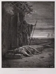 Outrage at Gibeah, the Levite carries his dead concubine away, Illustration from the Dore Bible
