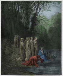 Purgatorio, Canto 33: Dante drinks of the River Eunoe, illustration from “The Divine Comedy” by Dante Alighieri, 1885