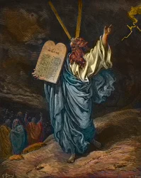 Representation of Moses with the new Tablets of the Law on Mount Sinai - engraving by Gustave Dore (1832-1883) - later colouring