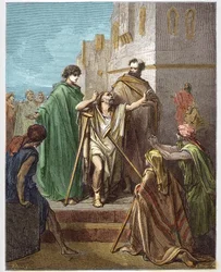 Saint Peter and Saint John healing a lame man - engraving in “The Bible Illustrated” by Gustave Dore - Engraving from “The Dore Bible”