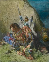 Saladin the Magnificent - King Saladin (Salah al Din Yusuf al-Ayyubi) commander of the Muslim forces against the crusades - 19th century colour engraving by Gustave Dore - from History of the Crusades by Joseph-Francois Michaud