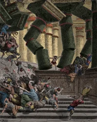 Samson Bringing Down the Temple of Dagon (Engraving by Gustave Dore)
