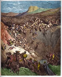 Samson destroying the Philistines with the jawbone of a donkey - engraving in The Bible illustrated by Gustave Dore (1832-1883) - Engraving from The Dore Bible