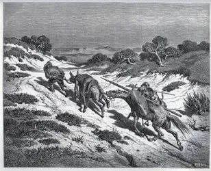 Sancho Panza, Don Quixote and Their Mounts after Their Defeat against the Yangers - from „Don Quixote de la Mancha“ by Miguel de Cervantes (1547-1616) - Woodcut after a drawing by Gustave Doré