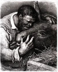 Sancho Panza cries while kissing his donkey