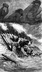 Sindbad the sailor (Sinbad) - tale of the thousand and one (1001) nights - illustration by Gustave Dore - Maxwell edition 1865 - Third voyage: Sindbad and his companions having taken sea aboard a raft are pursued by giants who throw huge stones at them
