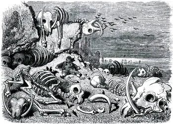 Sindbad the sailor (Sinbad) - tale of the thousand and one (1001) nights - illustration by Gustave Dore - edition Maxwell 1865 - Seventh and last voyage: the cemetery of the elephants where Sindbad will recover the ivory defenses