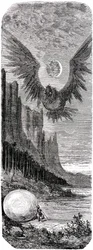 Sindbad the sailor - tale of the thousand and one nights - illustration by Gustave Dore - edition Maxwell 1865 - Second voyage: Sindbad having discovered on an island a huge egg of the gigantic bird Roc is attacked by this giant bird