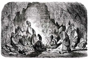 Sindbad the sailor - tale of the thousand and one nights - illustration by Gustave Dore - Maxwell edition 1865 - First voyage: Sindbad, abandoned in the middle of the sea by his companions, reached an island and met in a cave the palefrenie