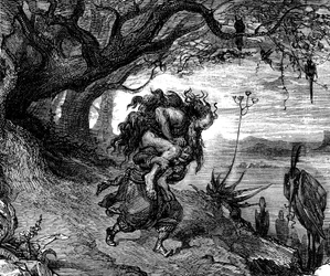 Sindbad the sailor (Sinbad) - tale of the thousand and one nights (1001) - illustration by Gustave Dore (detail) - edition Maxwell 1865 - Fifth voyage: Sindbad is forced to wear on his shoulder an old man who clings to him and from whom he can no longer un