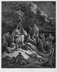 Moses Made a Bronze Snake and Put It Up on a Pole, Numbers 21:7, Illustration from the Dore Bible