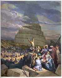 Tower of Babel - The Tower of Babel illustration of Genesis and language confusion by Yahve. On the right, King Nimrud discusses with the architects - engraving in The Bible illustree by Gustave Dore - Engraving from The Dore Bible