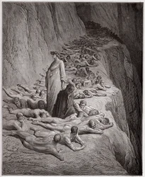 The Divine Comedy, Purgatorio, Canto 19: The souls of the avaricious: Adrian V speaks to Dante - by Dante Alighieri (1265-1321) - Illustration by Gustave Dore (1832-1883)